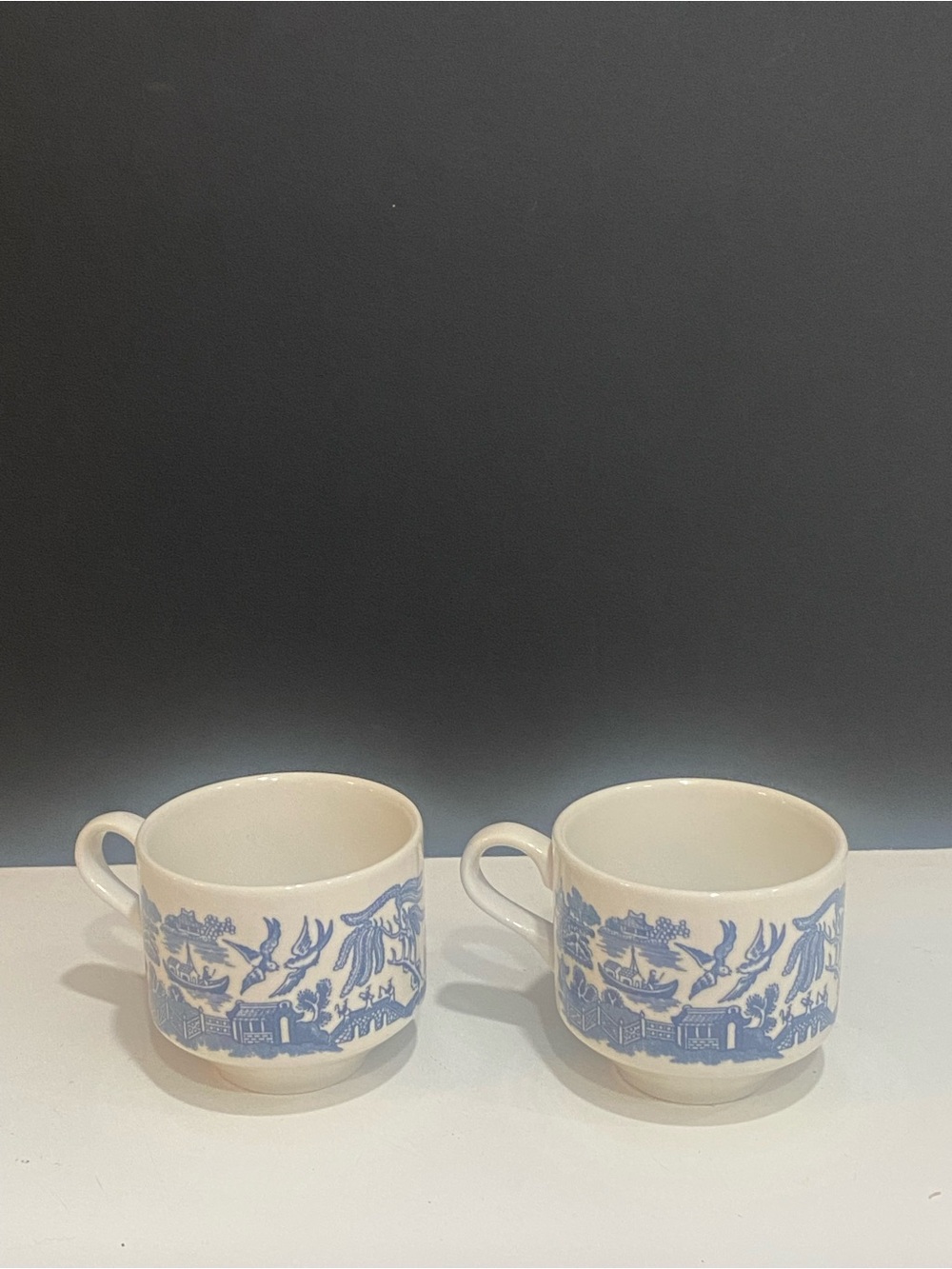 Churchill China "Willow Blue" (Georgian Shape) flat tea cups, set of 2
